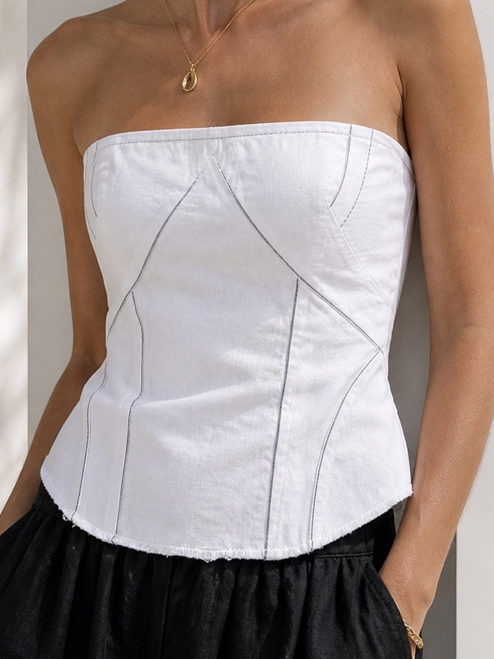 Bec & Bridge White Strapless Corset Top with Contrast Stitching